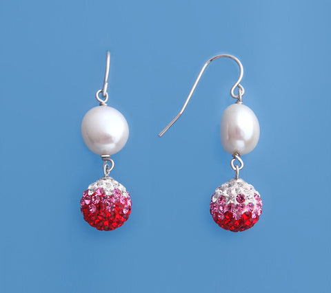 Sterling Silver Earrings with 9-9.5mm Oval Shape Freshwater Pearl and Crystal Ball
