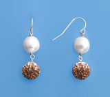 Sterling Silver Earrings with 9-9.5mm Oval Shape Freshwater Pearl and Crystal Ball - Wing Wo Hing Jewelry Group - Pearl Jewelry Manufacturer - 8