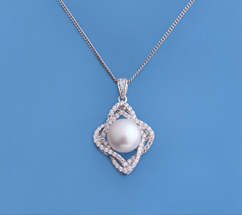 Sterling Silver Pendant with 9-9.5mm Button Shape Freshwater Pearl and Cubic Zirconia