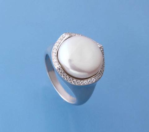 Sterling Silver Ring with 13.5-14mm Button Shape Freshwater Pearl and Cubic Zirconia