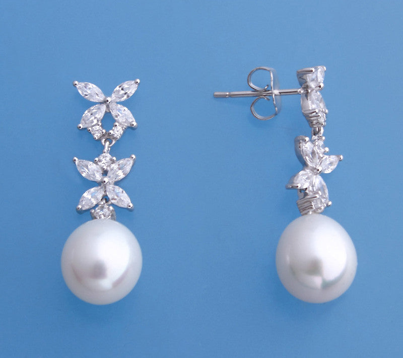 Sterling Silver Earrings with 9-10mm Drop Shape Freshwater Pearl and Cubic Zirconia - Wing Wo Hing Jewelry Group - Pearl Jewelry Manufacturer