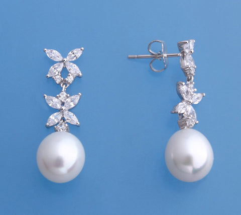 Sterling Silver Earrings with 9-10mm Drop Shape Freshwater Pearl and Cubic Zirconia