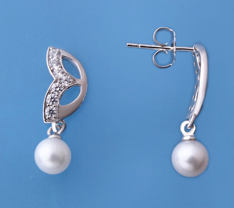 Sterling Silver Earrings with 5.5-6mm Round Shape Freshwater Pearl and Cubic Zirconia