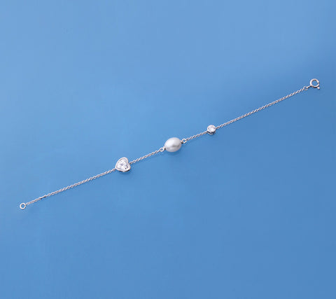 Sterling Silver Bracelet with 7.5-8mm Oval Shape Freshwater Pearl and Cubic Zirconia
