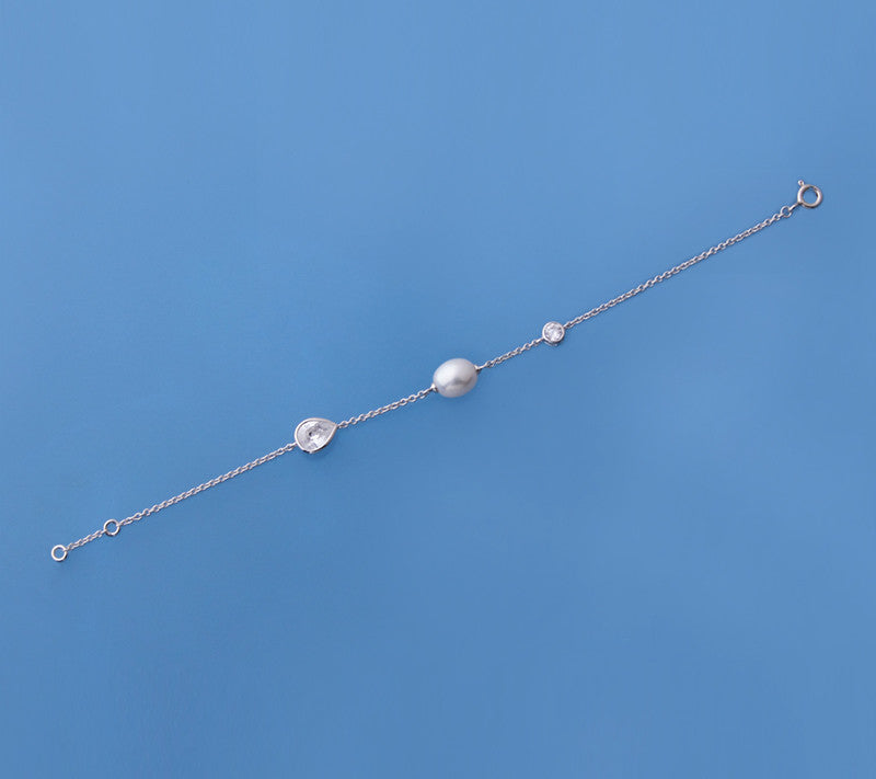 Sterling Silver Bracelet with 7.5-8mm Oval Shape Freshwater Pearl and Cubic Zirconia - Wing Wo Hing Jewelry Group - Pearl Jewelry Manufacturer
