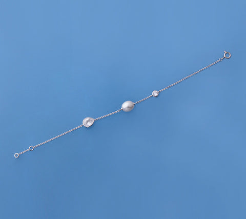Sterling Silver Bracelet with 7.5-8mm Oval Shape Freshwater Pearl and Cubic Zirconia