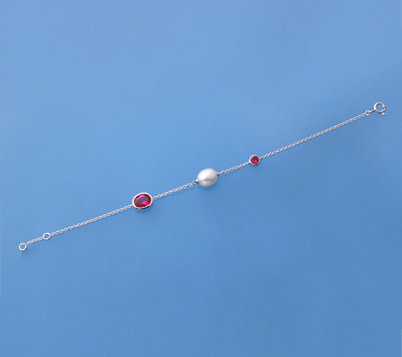 Sterling Silver Bracelet with 7.5-8mm Oval Shape Freshwater Pearl and Red Corundum - Wing Wo Hing Jewelry Group - Pearl Jewelry Manufacturer