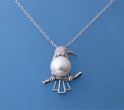 Sterling Silver Pendant with 12-12.5mm Button Shape Freshwater Pearl and Cubic Zirconia