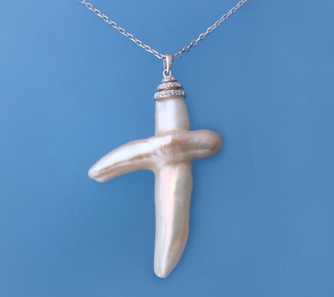 Sterling Silver Pendant with Cross Shape Freshwater Pearl and Cubic Zirconia