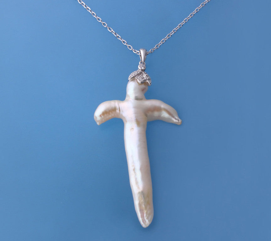 Sterling Silver Pendant with Cross Shape Freshwater Pearl and Cubic Zirconia - Wing Wo Hing Jewelry Group - Pearl Jewelry Manufacturer