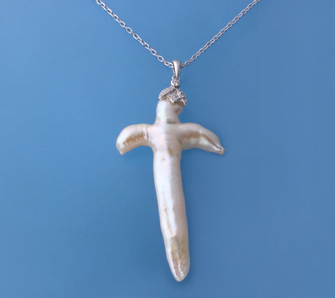 Sterling Silver Pendant with Cross Shape Freshwater Pearl and Cubic Zirconia
