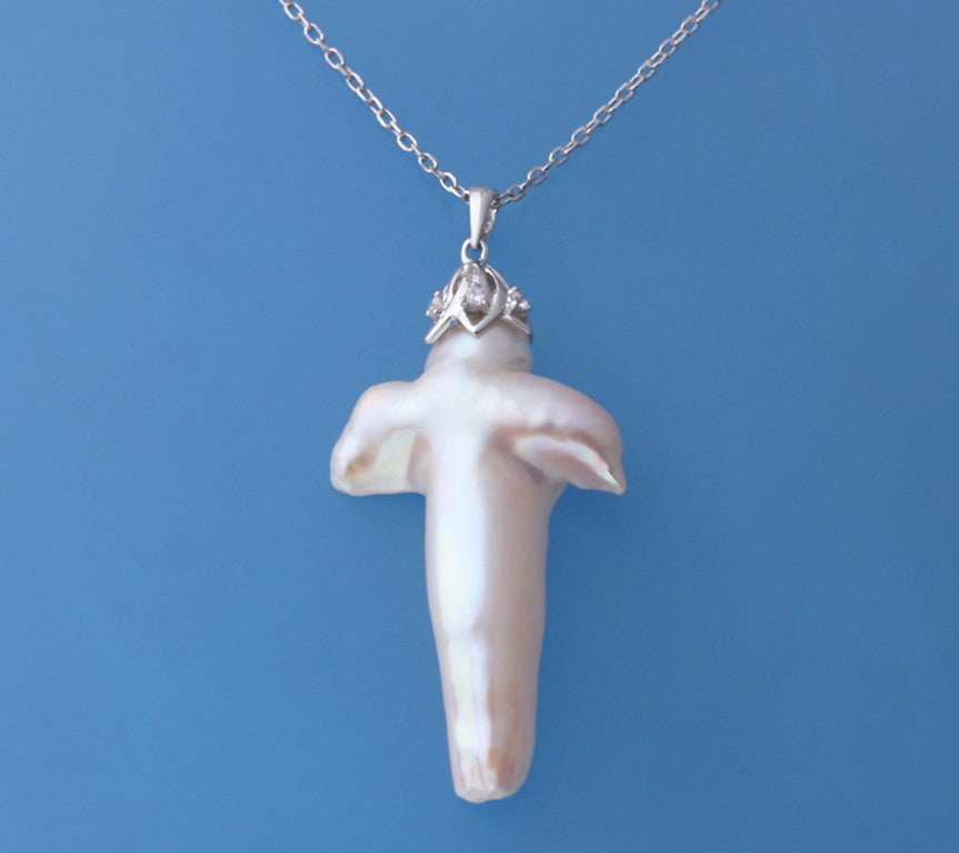 Sterling Silver Pendant with Cross Shape Freshwater Pearl and Cubic Zirconia - Wing Wo Hing Jewelry Group - Pearl Jewelry Manufacturer