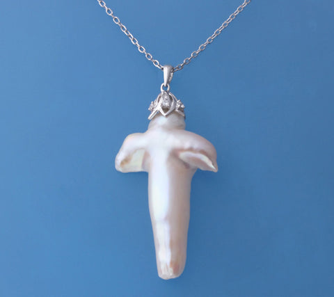 Sterling Silver Pendant with Cross Shape Freshwater Pearl and Cubic Zirconia