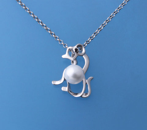 Sterling Silver Pendant with 5.5-6mm Round Shape Freshwater Pearl and Black Spinel