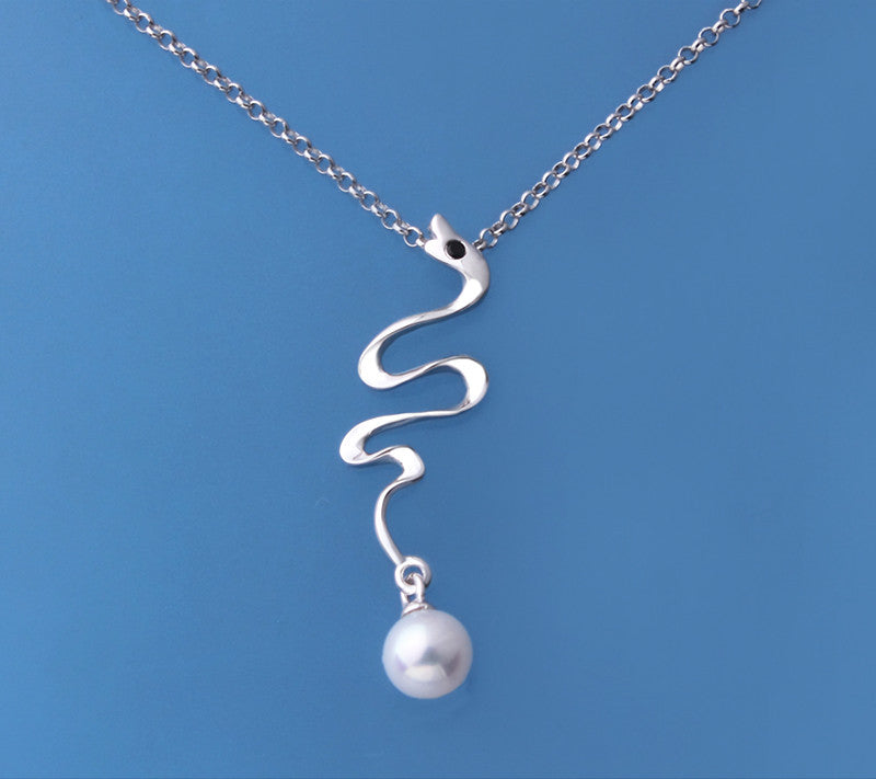 Sterling Silver Pendant with 5.5-6mm Round Shape Freshwater Pearl and Black Spinel - Wing Wo Hing Jewelry Group - Pearl Jewelry Manufacturer