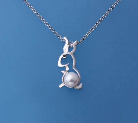 Sterling Silver Pendant with 5.5-6mm Round Shape Freshwater Pearl and Black Spinel