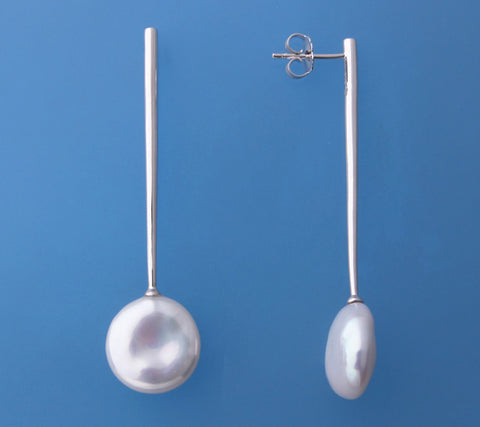 Sterling Silver Earrings with 13-14mm Coin Shape Freshwater Pearl