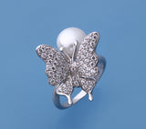 Sterling Silver Ring with 9-9.5mm Button Shape Freshwater Pearl and Cubic Zirconia - Wing Wo Hing Jewelry Group - Pearl Jewelry Manufacturer