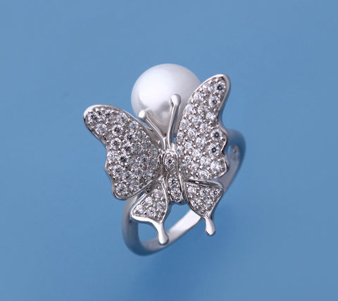 Sterling Silver Ring with 9-9.5mm Button Shape Freshwater Pearl and Cubic Zirconia