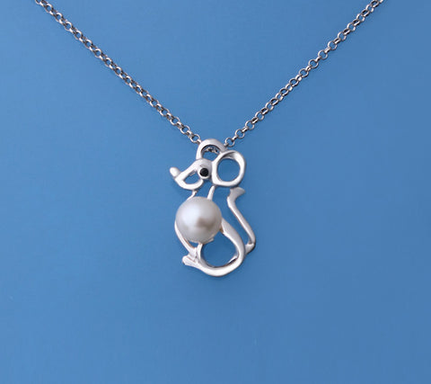 Sterling Silver Pendant with 5.5-6mm Round Shape Freshwater Pearl and Black Spinel