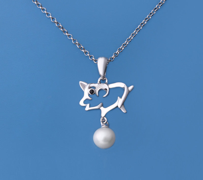 Sterling Silver Pendant with 5.5-6mm Round Shape Freshwater Pearl and Black Spinel - Wing Wo Hing Jewelry Group - Pearl Jewelry Manufacturer