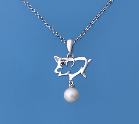 Sterling Silver Pendant with 5.5-6mm Round Shape Freshwater Pearl and Black Spinel