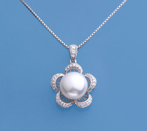 Sterling Silver Pendant with 8.5-9mm Button Shape Freshwater Pearl and Cubic Zirconia