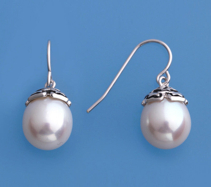White and Black Plated Silver Earrings with 10-10.5mm Drop Shape Freshwater Pearl - Wing Wo Hing Jewelry Group - Pearl Jewelry Manufacturer