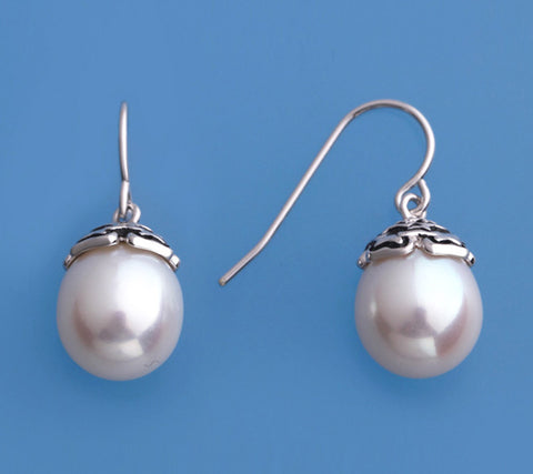 White and Black Plated Silver Earrings with 10-10.5mm Drop Shape Freshwater Pearl