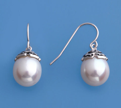 White and Black Plated Silver Earrings with 10-10.5mm Drop Shape Freshwater Pearl