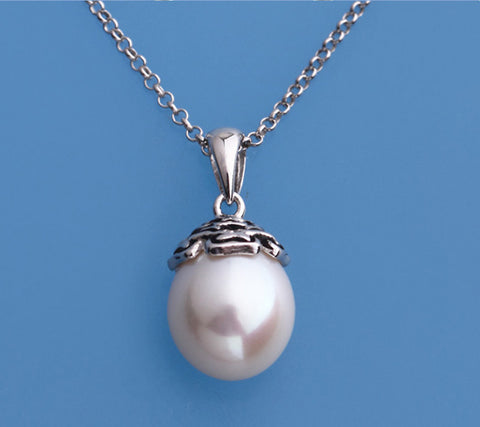 White and Black Plated Silver Pendant with 10-10.5mm Drop Shape Freshwater Pearl