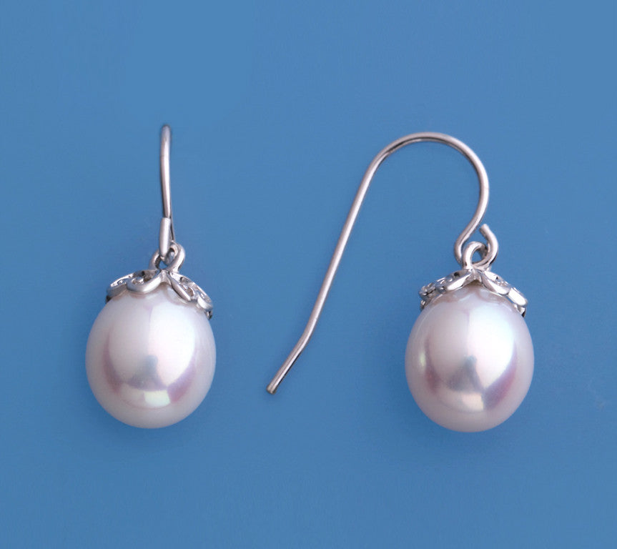 Sterling Silver Earrings with 8.5-9mm Drop Shape Freshwater Pearl - Wing Wo Hing Jewelry Group - Pearl Jewelry Manufacturer