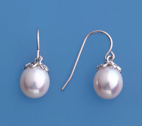 Sterling Silver Earrings with 8.5-9mm Drop Shape Freshwater Pearl