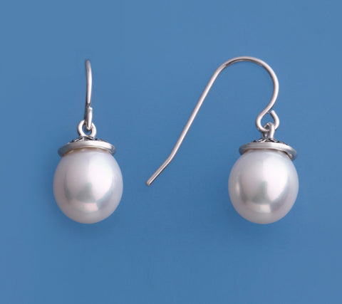 Sterling Silver Earrings with 8.5-9mm Drop Shape Freshwater Pearl