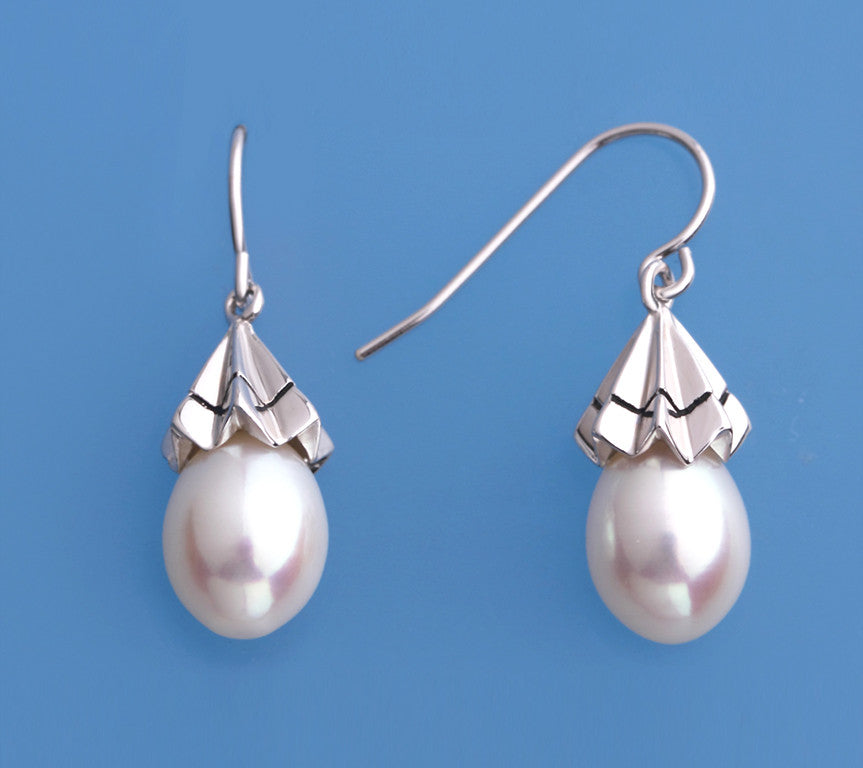 Sterling Silver Earrings with 8.5-9mm Drop Shape Freshwater Pearl - Wing Wo Hing Jewelry Group - Pearl Jewelry Manufacturer