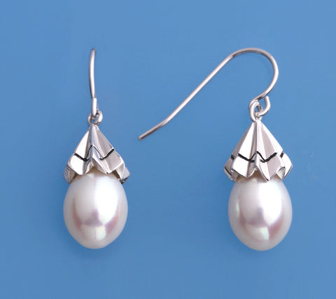 Sterling Silver Earrings with 8.5-9mm Drop Shape Freshwater Pearl