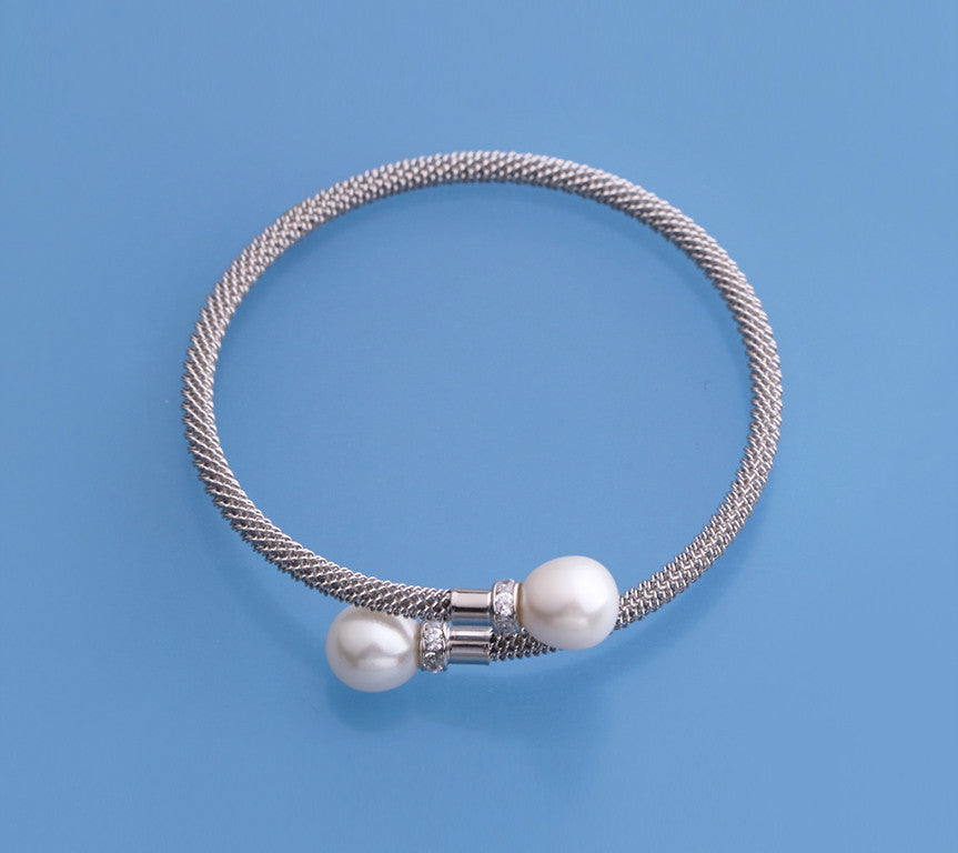 Sterling Silver Bangle with 9.5-10mm Oval Shape Freshwater Pearl and Cubic Zirconia - Wing Wo Hing Jewelry Group - Pearl Jewelry Manufacturer