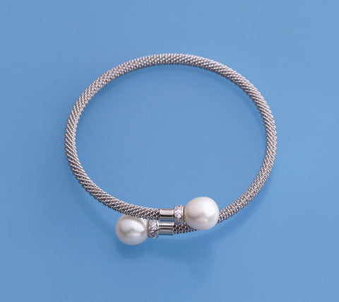 Sterling Silver Bangle with 9.5-10mm Oval Shape Freshwater Pearl and Cubic Zirconia
