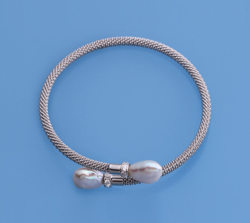 Sterling Silver Bangle with 10-11mm Baroque Shape Freshwater Pearl and Cubic Zirconia - Wing Wo Hing Jewelry Group - Pearl Jewelry Manufacturer