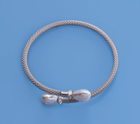 Sterling Silver Bangle with 10-11mm Baroque Shape Freshwater Pearl and Cubic Zirconia