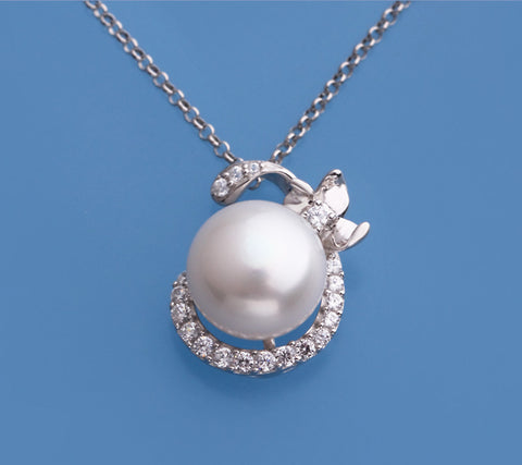 Sterling Silver Pendant with 10.5-11mm Button Shape Freshwater Pearl and Cubic Zirconia
