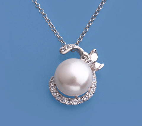Sterling Silver Pendant with 10.5-11mm Button Shape Freshwater Pearl and White Topaz