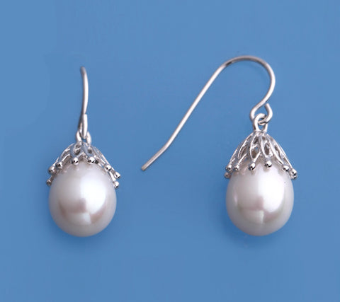 Sterling Silver Earrings with 8.5-9mm Drop Shape Freshwater Pearl