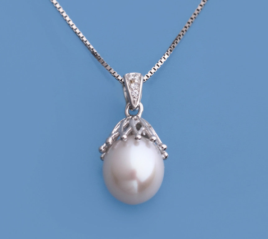 Sterling Silver Pendant with 8.5-9mm Drop Shape Freshwater Pearl and Cubic Zirconia - Wing Wo Hing Jewelry Group - Pearl Jewelry Manufacturer