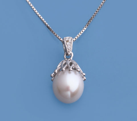 Sterling Silver Pendant with 8.5-9mm Drop Shape Freshwater Pearl and Cubic Zirconia