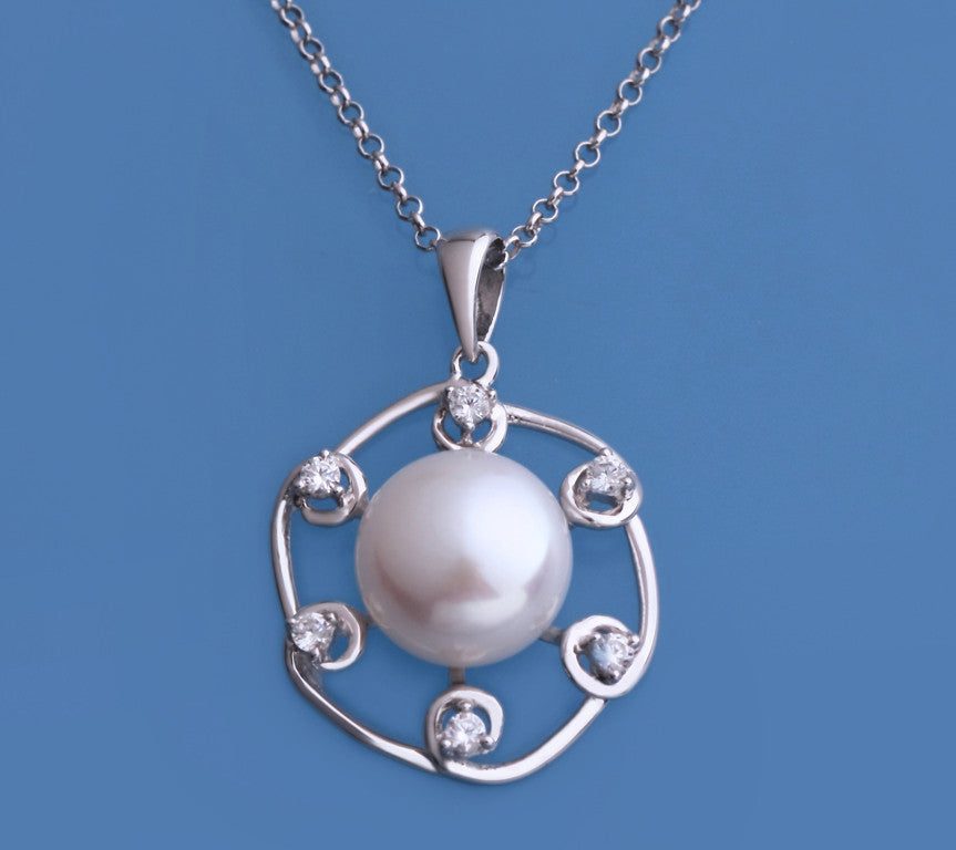 Sterling Silver Pendant with 10.5-11mm Button Shape Freshwater Pearl and Cubic Zirconia - Wing Wo Hing Jewelry Group - Pearl Jewelry Manufacturer
