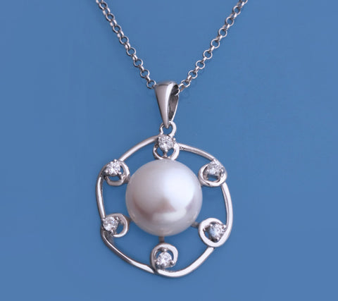 Sterling Silver Pendant with 10.5-11mm Button Shape Freshwater Pearl and Cubic Zirconia