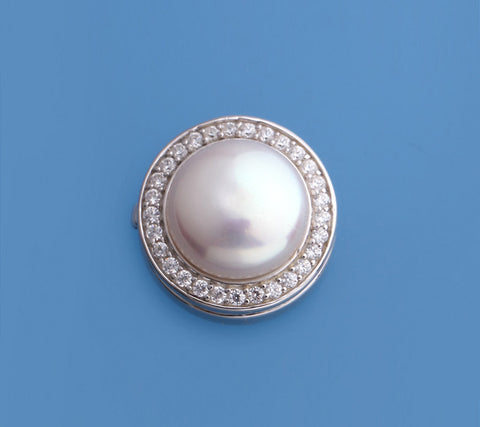 Sterling Silver Pendant with 12.5-13mm Coin Shape Freshwater Pearl and Cubic Zirconia