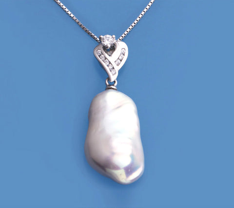 Sterling Silver Pendant with 11-12mm Baroque Shape Freshwater Pearl and Cubic Zirconia