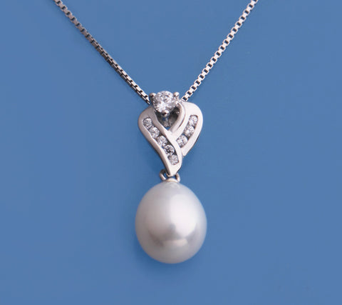 Sterling Silver Pendant with 7.5-8mm Drop Shape Freshwater Pearl and Cubic Zirconia